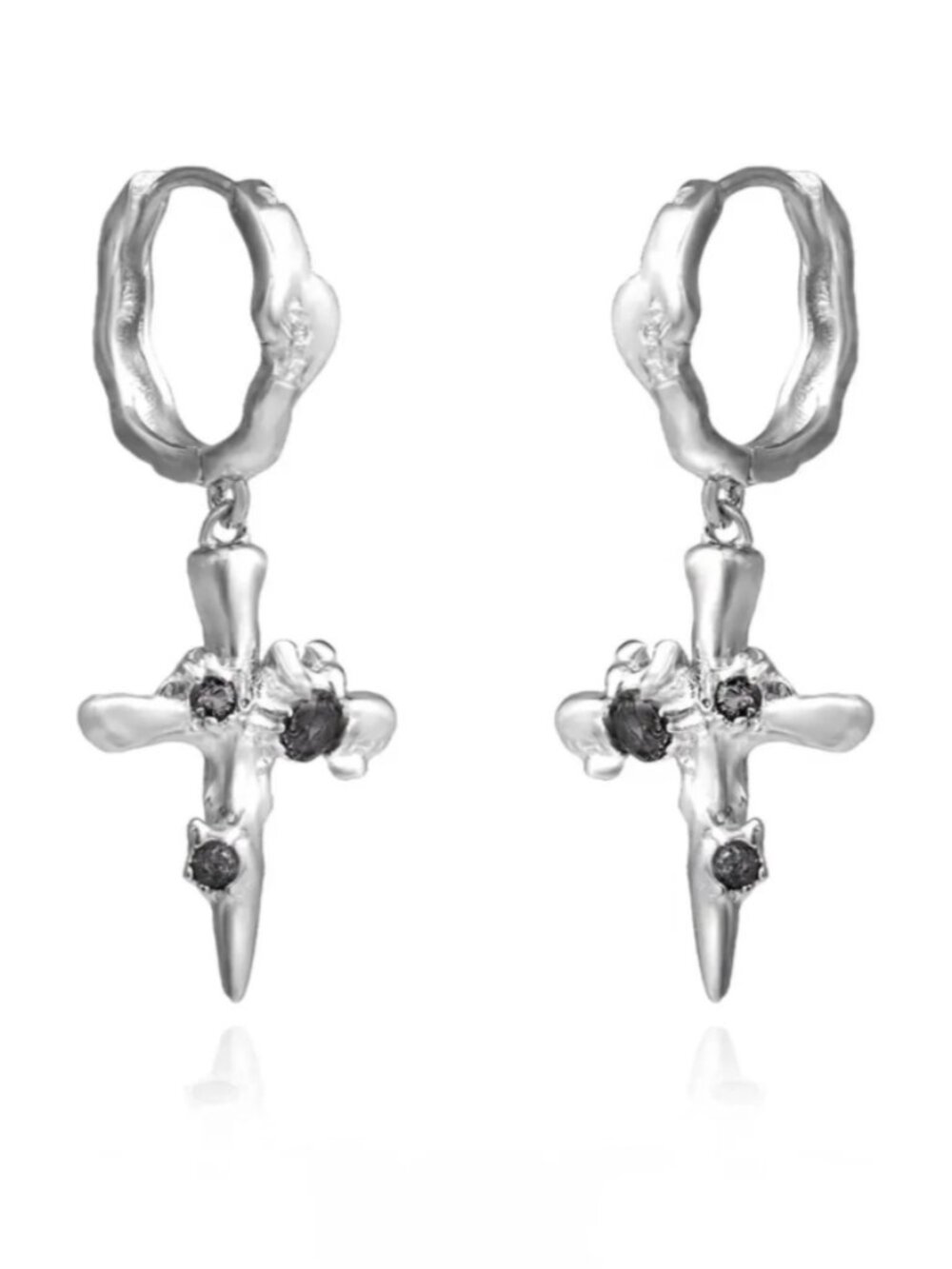 925 Silver Black Crystal Cross Dangle Hoop Earrings Gothic Y2K Unisex Jewelry
